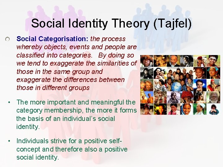 Social Identity Theory (Tajfel) Social Categorisation: the process whereby objects, events and people are Social Identity Theory (Tajfel) Social Categorisation: the process whereby objects, events and people are