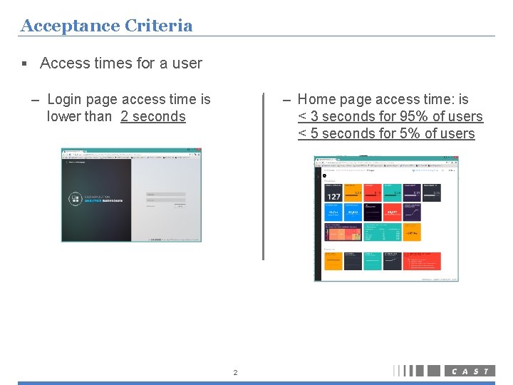 Acceptance Criteria § Access times for a user – Home page access time: is