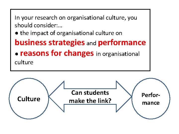 In your research on organisational culture, you should consider: … ● the impact of