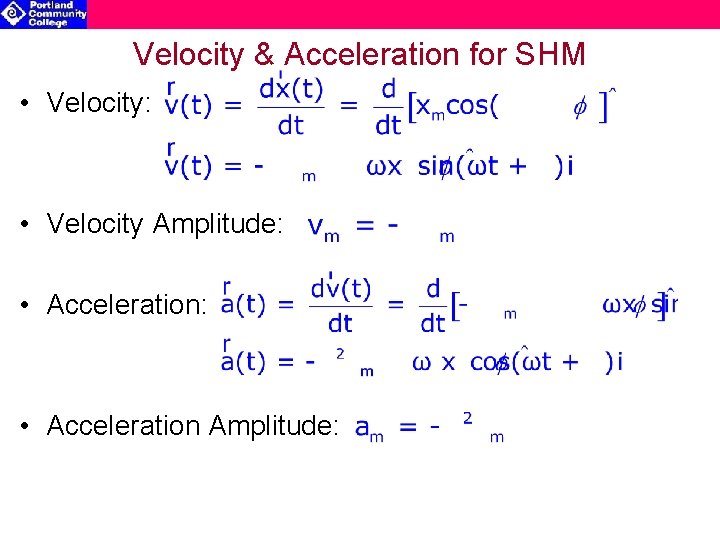 Velocity & Acceleration for SHM • Velocity: • Velocity Amplitude: • Acceleration Amplitude: 
