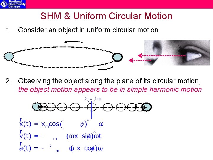 SHM & Uniform Circular Motion 1. Consider an object in uniform circular motion 2.