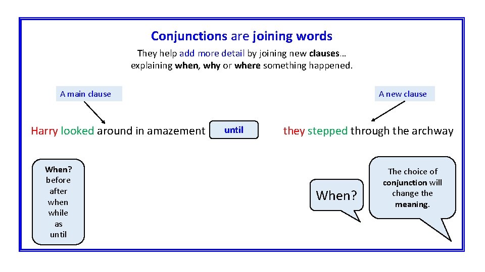 Conjunctions are joining words They help add more detail by joining new clauses… explaining