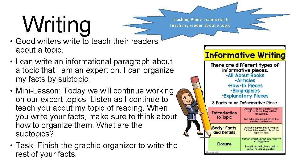 Writing Teaching Point: I can write to teach my reader about a topic. •