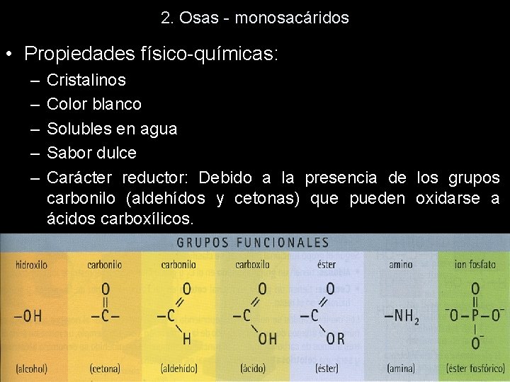 2. Osas - monosacáridos • Propiedades físico-químicas: – – – Cristalinos Color blanco Solubles