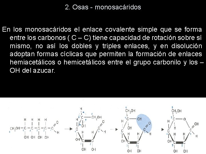 2. Osas - monosacáridos En los monosacáridos el enlace covalente simple que se forma