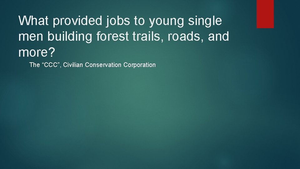 What provided jobs to young single men building forest trails, roads, and more? The