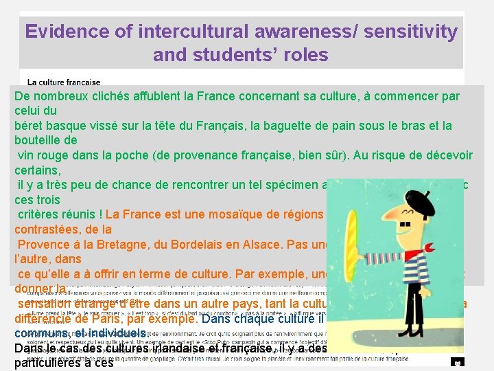 Evidence of intercultural awareness/ sensitivity and students’ roles De nombreux clichés affublent la France