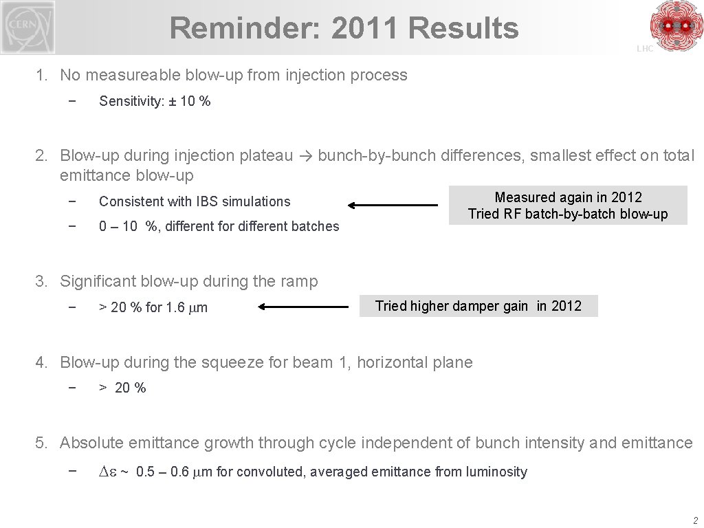 Reminder: 2011 Results LHC 1. No measureable blow-up from injection process − Sensitivity: ±