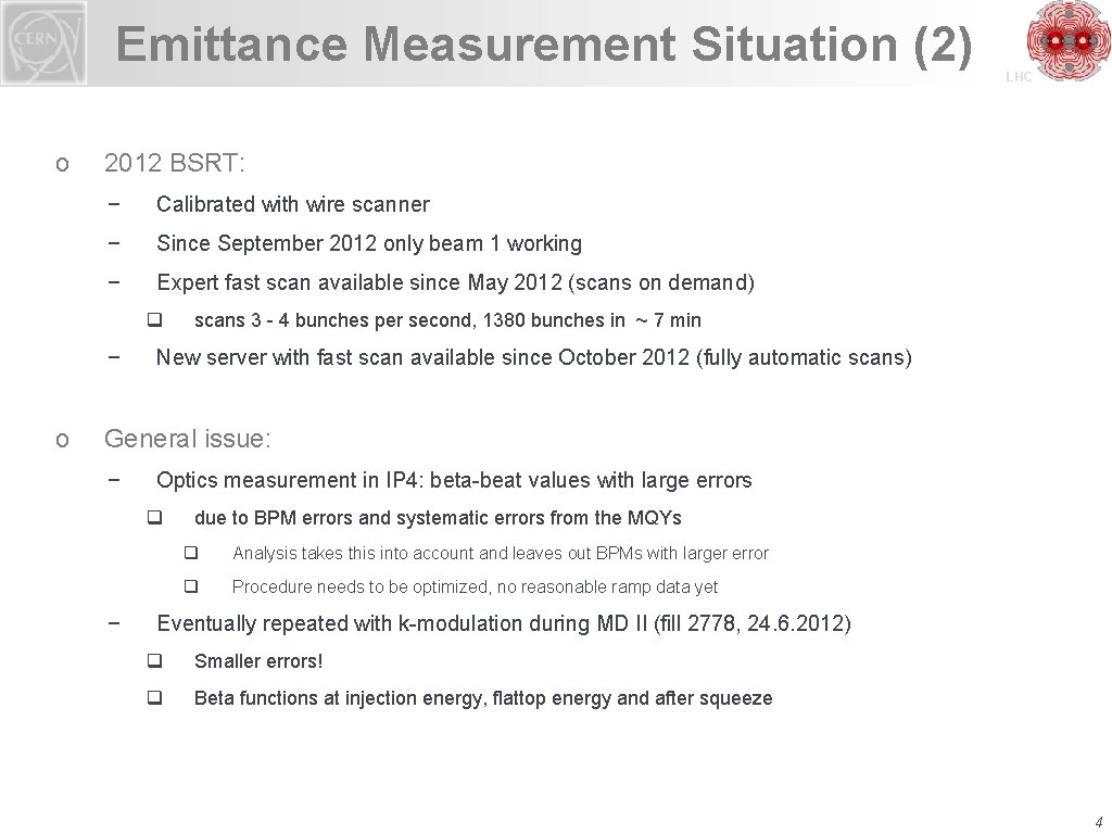 Emittance Measurement Situation (2) o 2012 BSRT: − Calibrated with wire scanner − Since