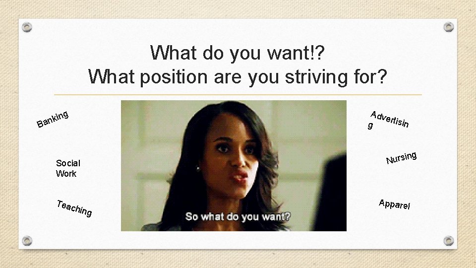 What do you want!? What position are you striving for? B Adve rtisin g