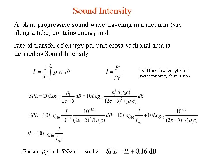 Sound Intensity A plane progressive sound wave traveling in a medium (say along a