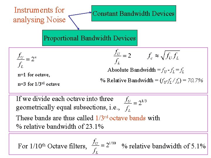 Instruments for analysing Noise Constant Bandwidth Devices Proportional Bandwidth Devices n=1 for octave, n=3