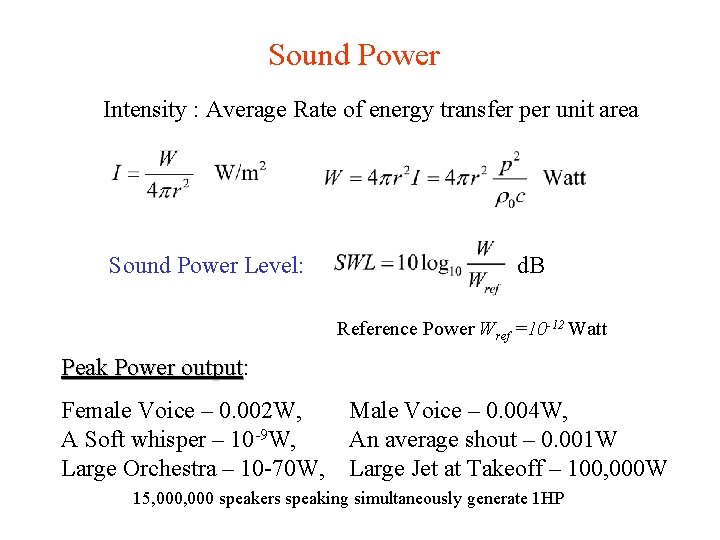 Sound Power Intensity : Average Rate of energy transfer per unit area Sound Power