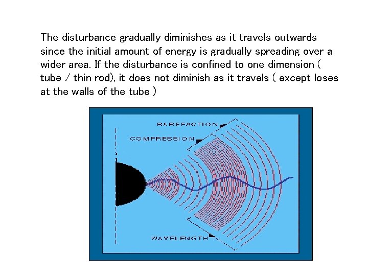 The disturbance gradually diminishes as it travels outwards since the initial amount of energy