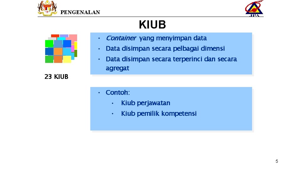 PENGENALAN KIUB • Container yang menyimpan data • Data disimpan secara pelbagai dimensi 23