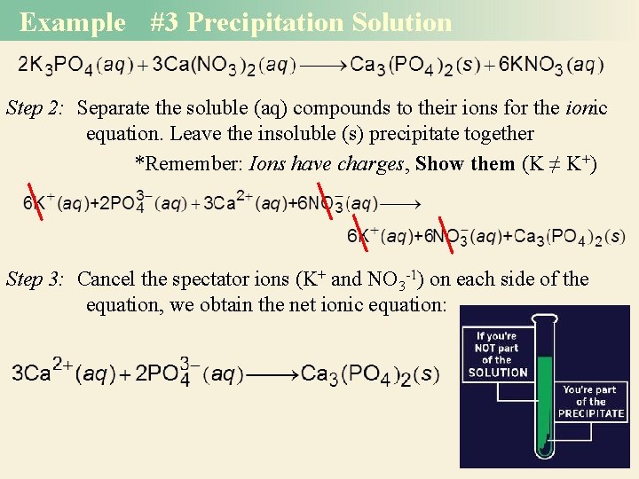 Example #3 Precipitation Solution Step 2: Separate the soluble (aq) compounds to their ions