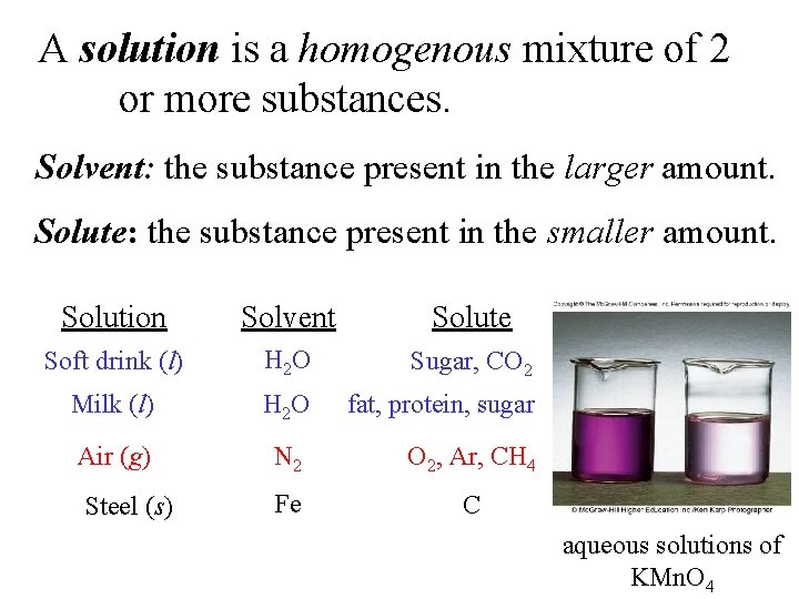 A solution is a homogenous mixture of 2 or more substances. Solvent: the substance