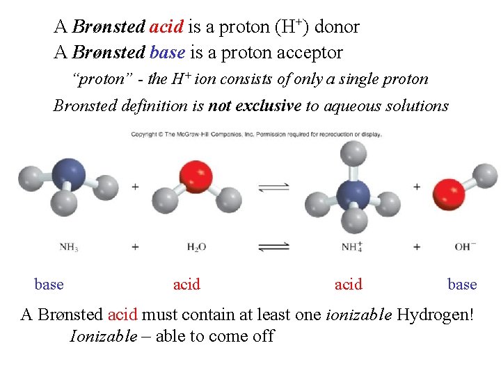 A Brønsted acid is a proton (H+) donor A Brønsted base is a proton