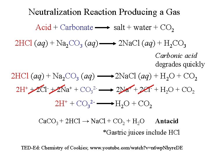 Neutralization Reaction Producing a Gas Acid + Carbonate 2 HCl (aq) + Na 2