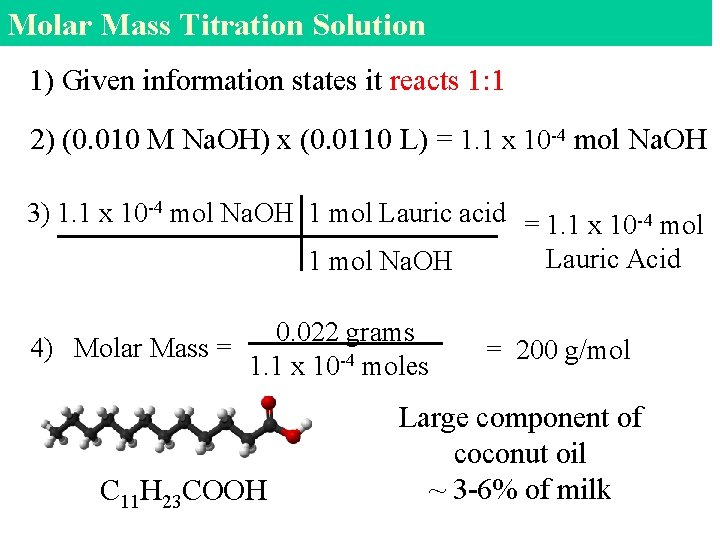 Molar Mass Titration Solution 1) Given information states it reacts 1: 1 2) (0.