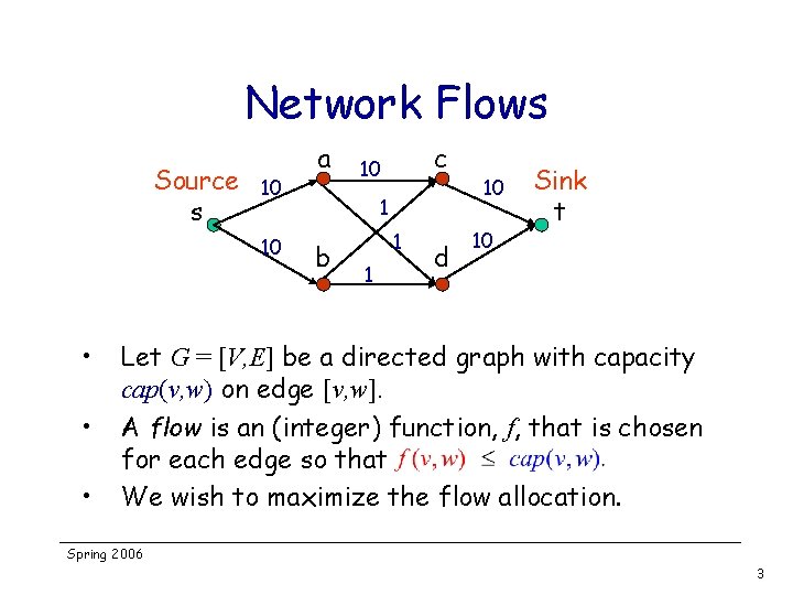 Network Flows Source s 10 10 • • • a c 10 1 b