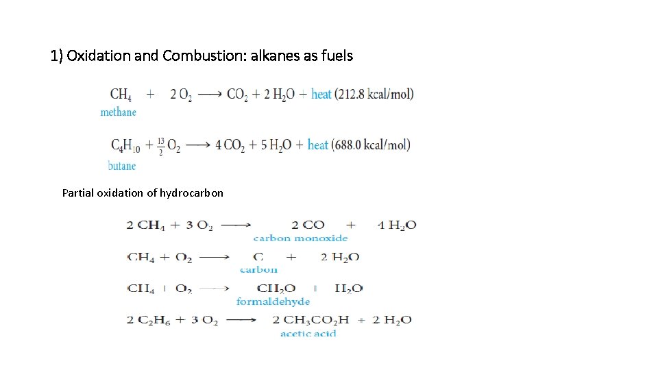 1) Oxidation and Combustion: alkanes as fuels Partial oxidation of hydrocarbon 