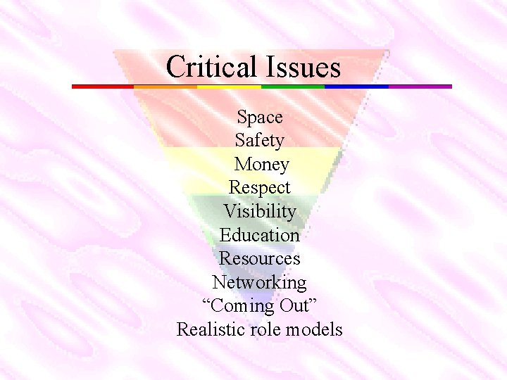 Critical Issues Space Safety Money Respect Visibility Education Resources Networking “Coming Out” Realistic role
