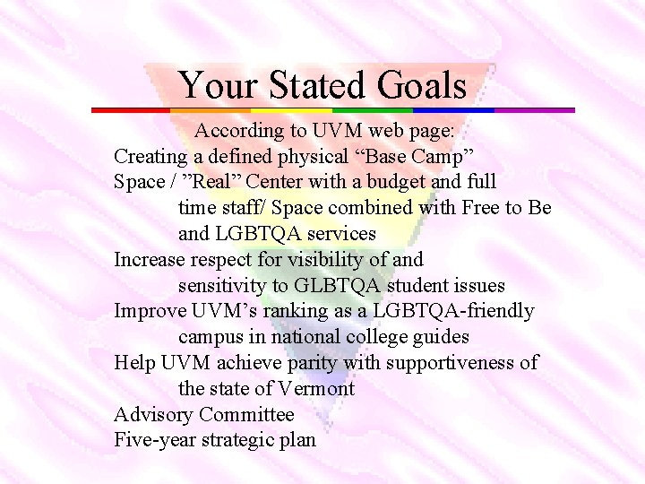 Your Stated Goals According to UVM web page: Creating a defined physical “Base Camp”
