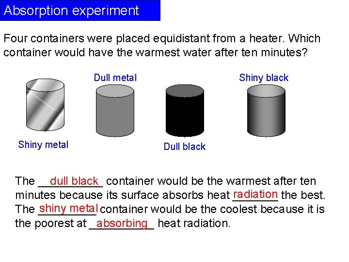 Absorption experiment Four containers were placed equidistant from a heater. Which container would have