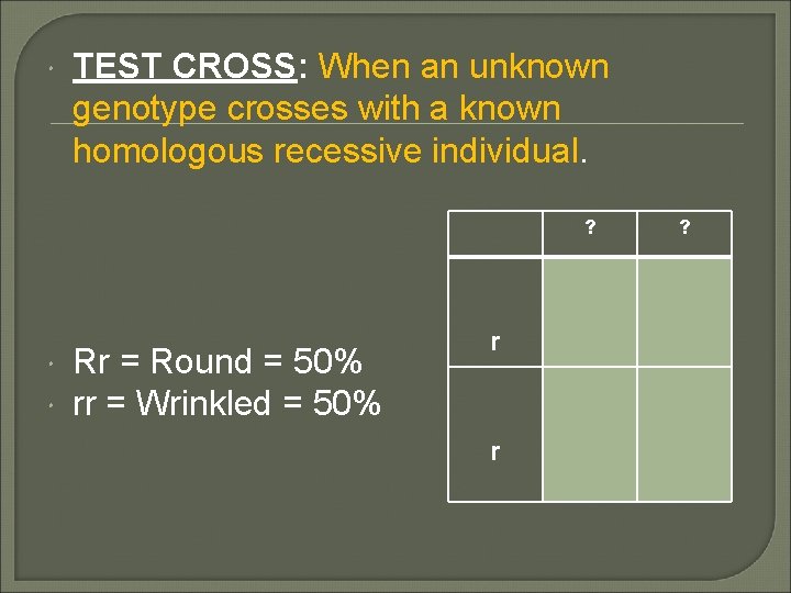  TEST CROSS: When an unknown genotype crosses with a known homologous recessive individual.