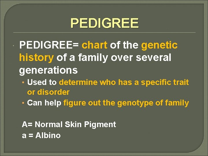 PEDIGREE PEDIGREE= chart of the genetic history of a family over several generations •