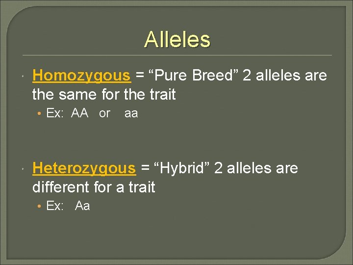 Alleles Homozygous = “Pure Breed” 2 alleles are the same for the trait •