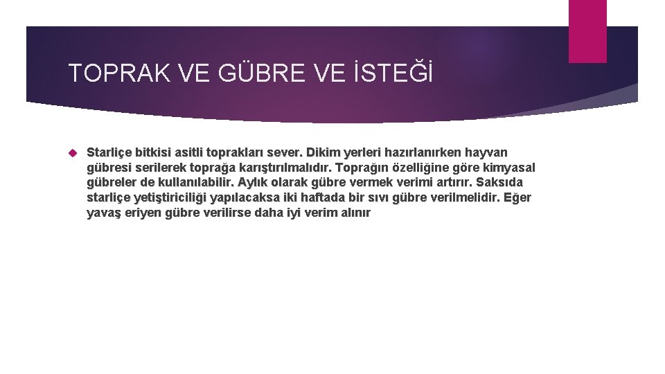 TOPRAK VE GÜBRE VE İSTEĞİ Starliçe bitkisi asitli toprakları sever. Dikim yerleri hazırlanırken hayvan