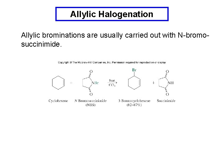 Allylic Halogenation Allylic brominations are usually carried out with N-bromosuccinimide. 