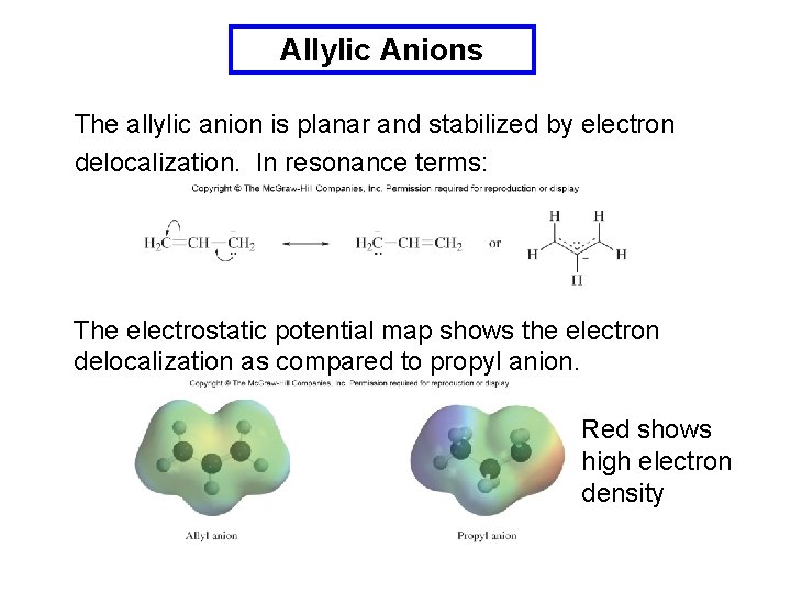 Allylic Anions The allylic anion is planar and stabilized by electron delocalization. In resonance