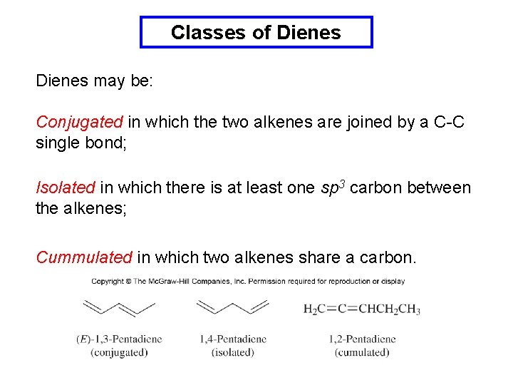 Classes of Dienes may be: Conjugated in which the two alkenes are joined by