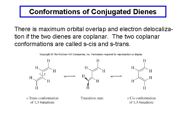 Conformations of Conjugated Dienes There is maximum orbital overlap and electron delocalization if the