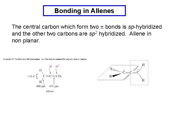 Bonding in Allenes The central carbon which form two p bonds is sp-hybridized and