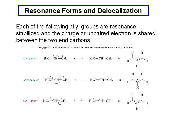 Resonance Forms and Delocalization Each of the following allyl groups are resonance stabilized and