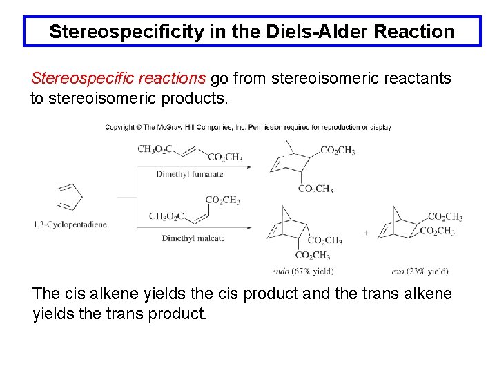 Stereospecificity in the Diels-Alder Reaction Stereospecific reactions go from stereoisomeric reactants to stereoisomeric products.