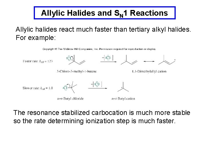 Allylic Halides and SN 1 Reactions Allylic halides react much faster than tertiary alkyl