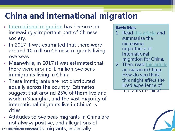 China and international migration • International migration has become an increasingly important part of
