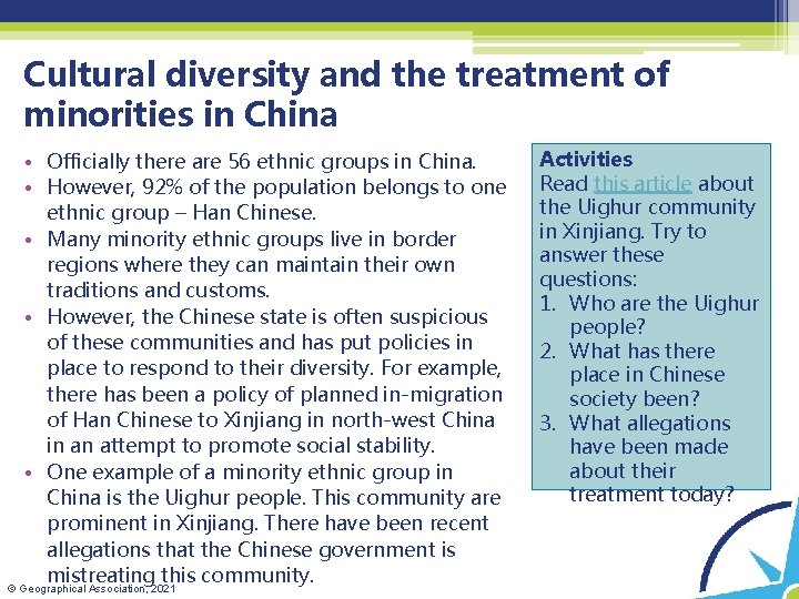 Cultural diversity and the treatment of minorities in China • Officially there are 56