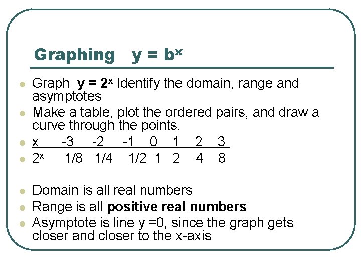 Graphing y = bx l l l l Graph y = 2 x Identify