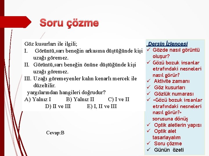 Soru çözme Göz kusurları ile ilgili; I. Görüntü, sarı beneğin arkasına düştüğünde kişi uzağı