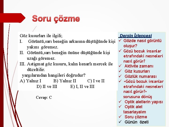 Soru çözme Göz kusurları ile ilgili; I. Görüntü, sarı beneğin arkasına düştüğünde kişi yakını