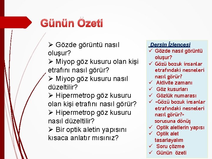 Günün Özeti Ø Gözde görüntü nasıl oluşur? Ø Miyop göz kusuru olan kişi etrafını