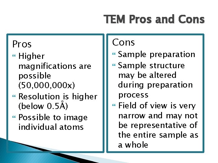 TEM Pros and Cons Pros Cons Higher magnifications are possible (50, 000 x) Resolution