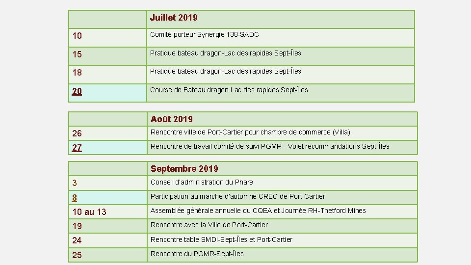 Juillet 2019 10 Comité porteur Synergie 138 -SADC 15 Pratique bateau dragon-Lac des rapides
