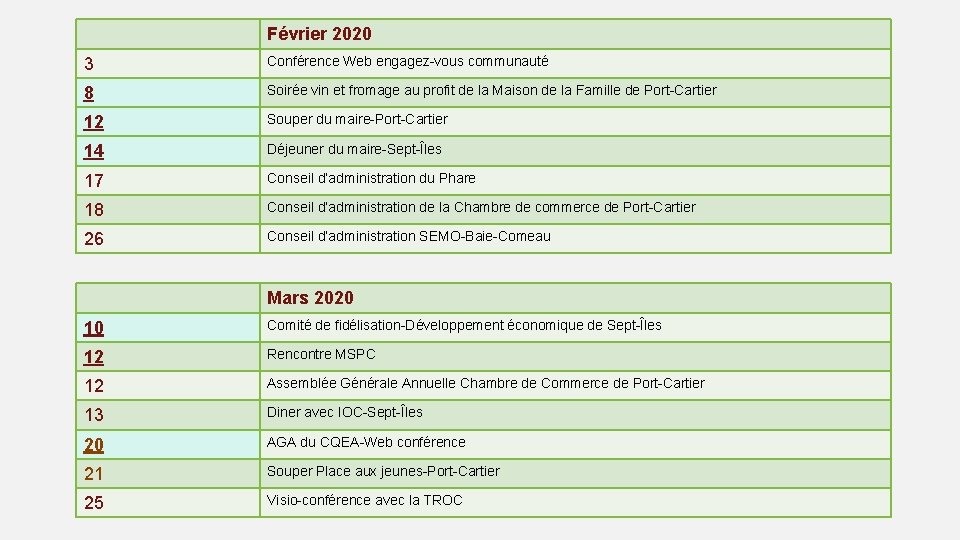 Février 2020 3 Conférence Web engagez-vous communauté 8 Soirée vin et fromage au profit